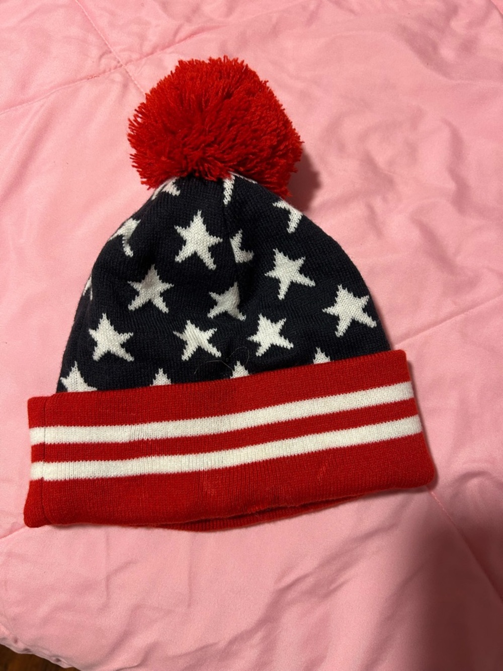 Adults Stars & Stripes Pom Pom Beanie - Red, White & Blue